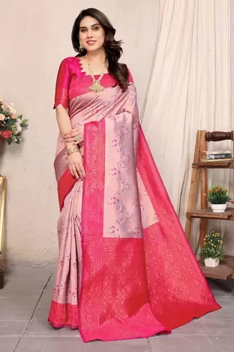 pink  soft art silk banarasi jacuard work designer party wear saree with unstitched blouse piece