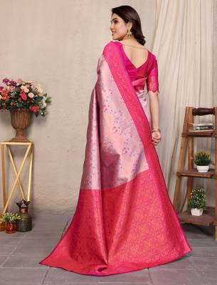 pink silk blend banarasi saree with unstitched blouse piece 2