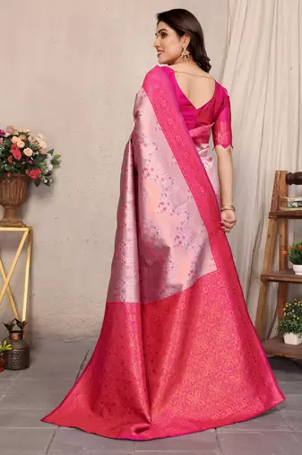 pink silk blend banarasi saree with unstitched blouse piece