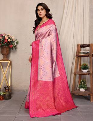 pink silk blend banarasi saree with unstitched blouse piece 4