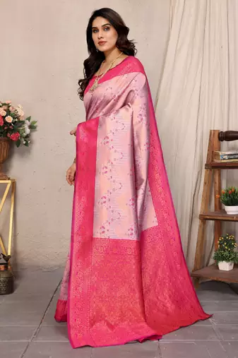 pink silk blend banarasi saree with unstitched blouse piece