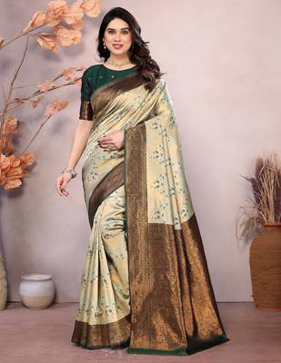 pista green silk blend banarasi saree with unstitched blouse piece 1