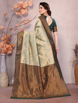 pista green silk blend banarasi saree with unstitched blouse piece 2