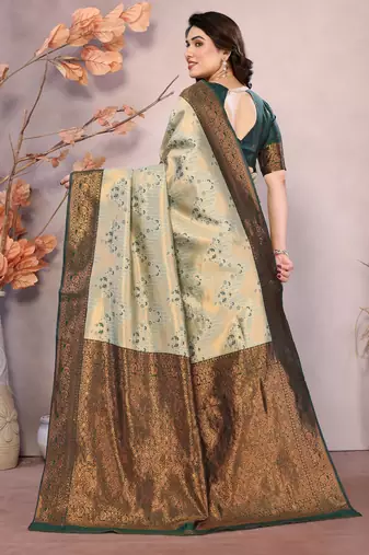 pista green silk blend banarasi saree with unstitched blouse piece
