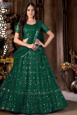 green mirror work embroidered lehenga choli set 1