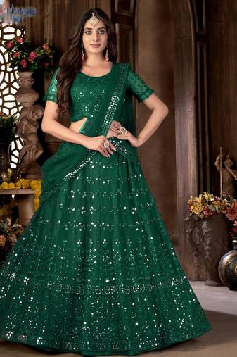 green mirror work embroidered lehenga choli set