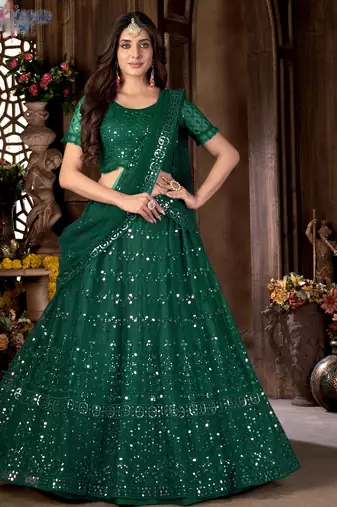 green mirror work embroidered lehenga choli set