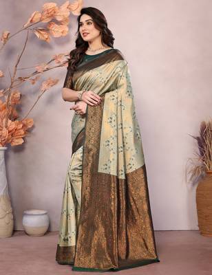 pista green silk blend banarasi saree with unstitched blouse piece 3