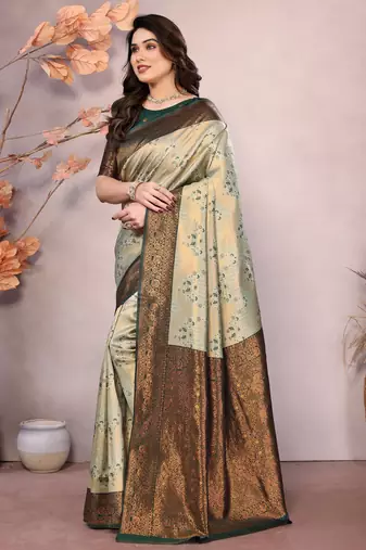 pista green silk blend banarasi saree with unstitched blouse piece