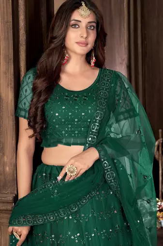 green mirror work embroidered lehenga choli set