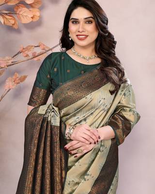 pista green silk blend banarasi saree with unstitched blouse piece 4