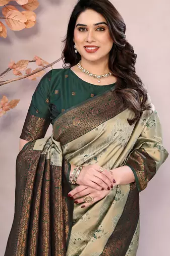 pista green silk blend banarasi saree with unstitched blouse piece