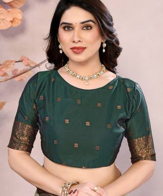 pista green silk blend banarasi saree with unstitched blouse piece 5