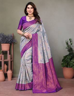sky purple silk blend banarasi saree with unstitched blouse piece 1