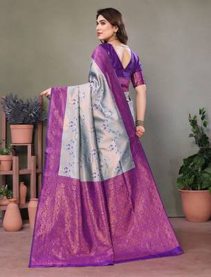 sky purple silk blend banarasi saree with unstitched blouse piece 2