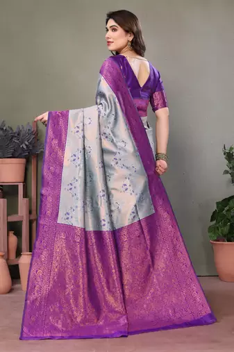 sky purple silk blend banarasi saree with unstitched blouse piece