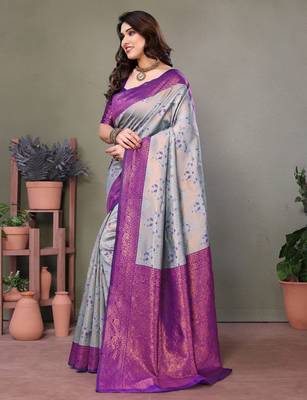 sky purple silk blend banarasi saree with unstitched blouse piece 3