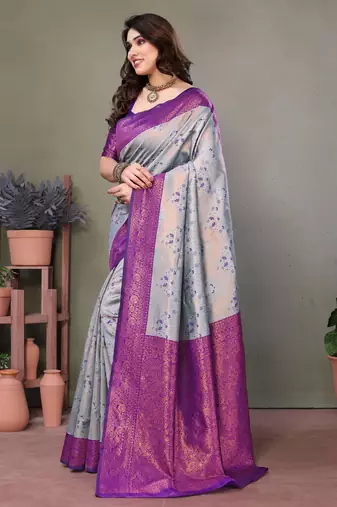 sky purple silk blend banarasi saree with unstitched blouse piece
