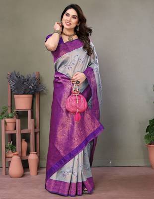 sky purple silk blend banarasi saree with unstitched blouse piece 4