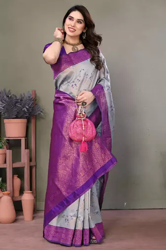 sky purple silk blend banarasi saree with unstitched blouse piece