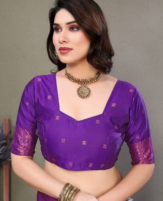 sky purple silk blend banarasi saree with unstitched blouse piece 5
