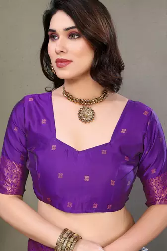 sky purple silk blend banarasi saree with unstitched blouse piece