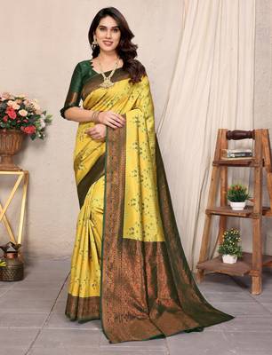 yellow green silk blend banarasi saree with unstitched blouse piece 1