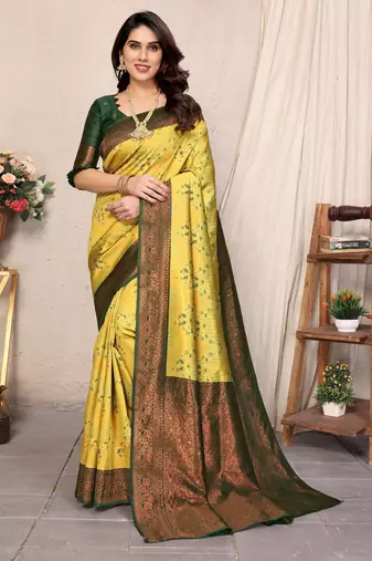 yellow green  soft art silk banarasi jacuard work designer party wear saree with unstitched blouse piece