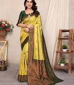 yellow green  soft art silk banarasi jacuard work designer party wear saree with unstitched blouse piece