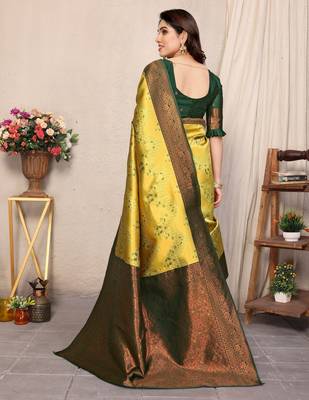 yellow green silk blend banarasi saree with unstitched blouse piece 2