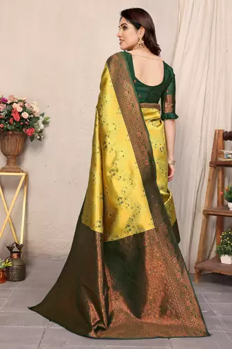 yellow green silk blend banarasi saree with unstitched blouse piece