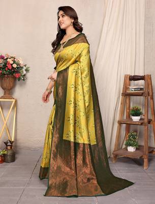 yellow green silk blend banarasi saree with unstitched blouse piece 3