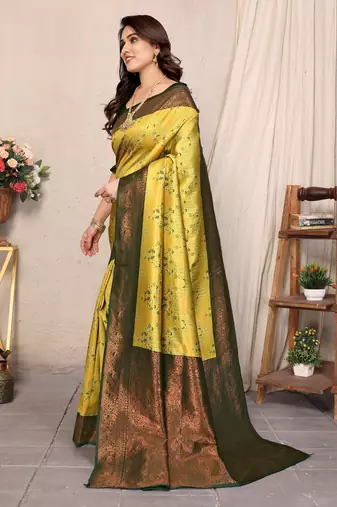 yellow green silk blend banarasi saree with unstitched blouse piece