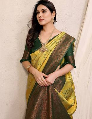 yellow green silk blend banarasi saree with unstitched blouse piece 4
