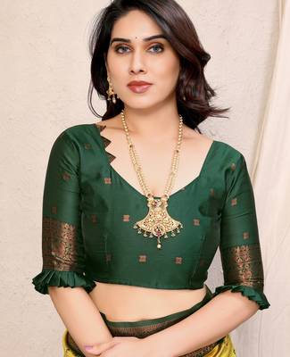 yellow green silk blend banarasi saree with unstitched blouse piece 5