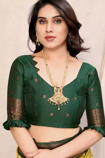 yellow green silk blend banarasi saree with unstitched blouse piece