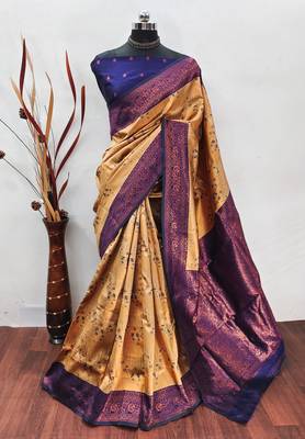cream neavyblue silk blend banarasi saree with unstitched blouse piece 1