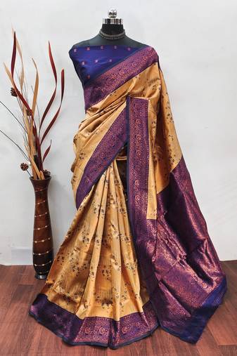 cream neavyblue  soft art silk banarasi jacuard work designer party wear saree with unstitched blouse piece