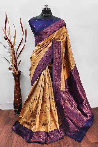 cream neavyblue  soft art silk banarasi jacuard work designer party wear saree with unstitched blouse piece