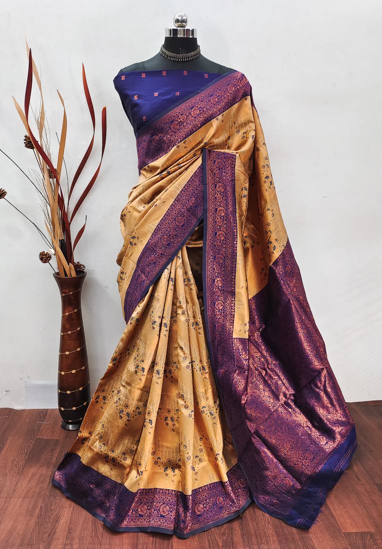 cream neavyblue  soft art silk banarasi jacuard work designer party wear saree with unstitched blouse piece