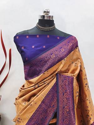 cream neavyblue silk blend banarasi saree with unstitched blouse piece 2