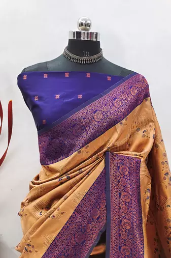 cream neavyblue silk blend banarasi saree with unstitched blouse piece