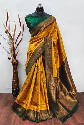 gold green silk blend banarasi saree with unstitched blouse piece 1