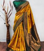 gold green  soft art silk banarasi jacuard work designer party wear saree with unstitched blouse piece