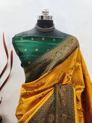 gold green silk blend banarasi saree with unstitched blouse piece 2