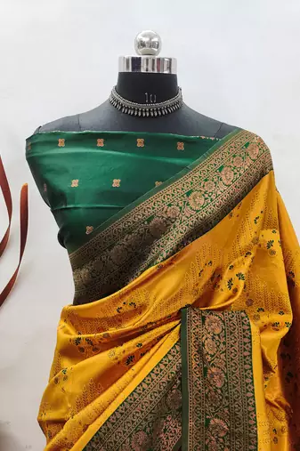 gold green silk blend banarasi saree with unstitched blouse piece