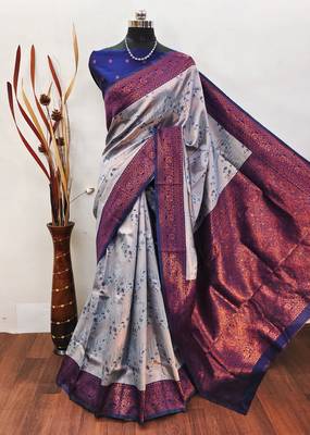 grey neavyblue silk blend banarasi saree with unstitched blouse piece 1