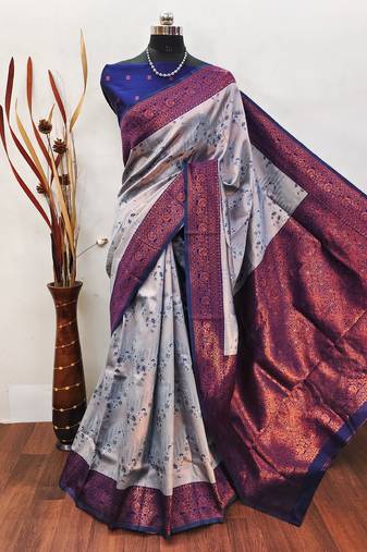 grey neavyblue  soft art silk banarasi jacuard work designer party wear saree with unstitched blouse piece
