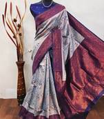 grey neavyblue  soft art silk banarasi jacuard work designer party wear saree with unstitched blouse piece