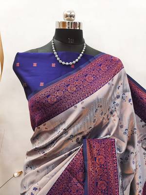 grey neavyblue silk blend banarasi saree with unstitched blouse piece 2
